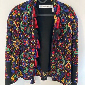 Michael Simon Black Sweater 1992 - Multicolor Embroidery & Tassels
